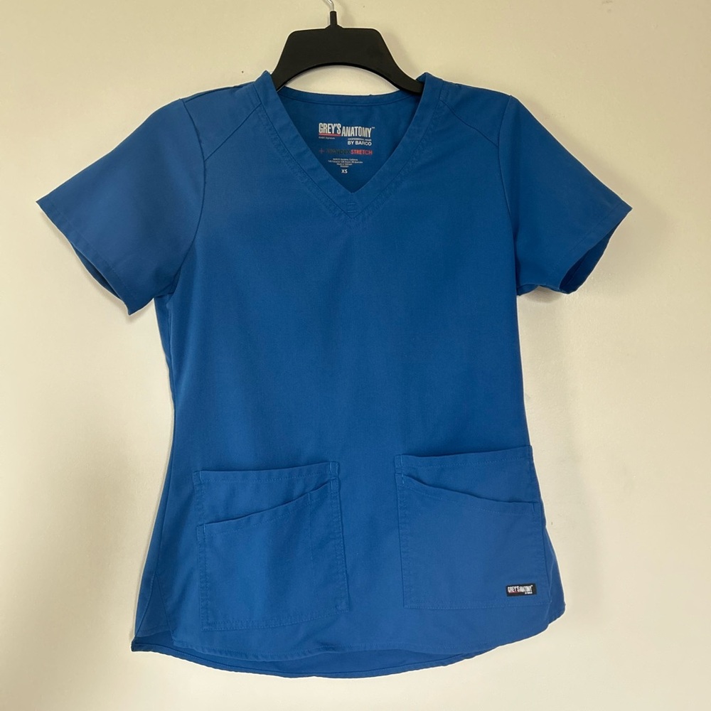 Grey's Anatomy Spandex Stretch Blue 4-Pocket Scrub Top